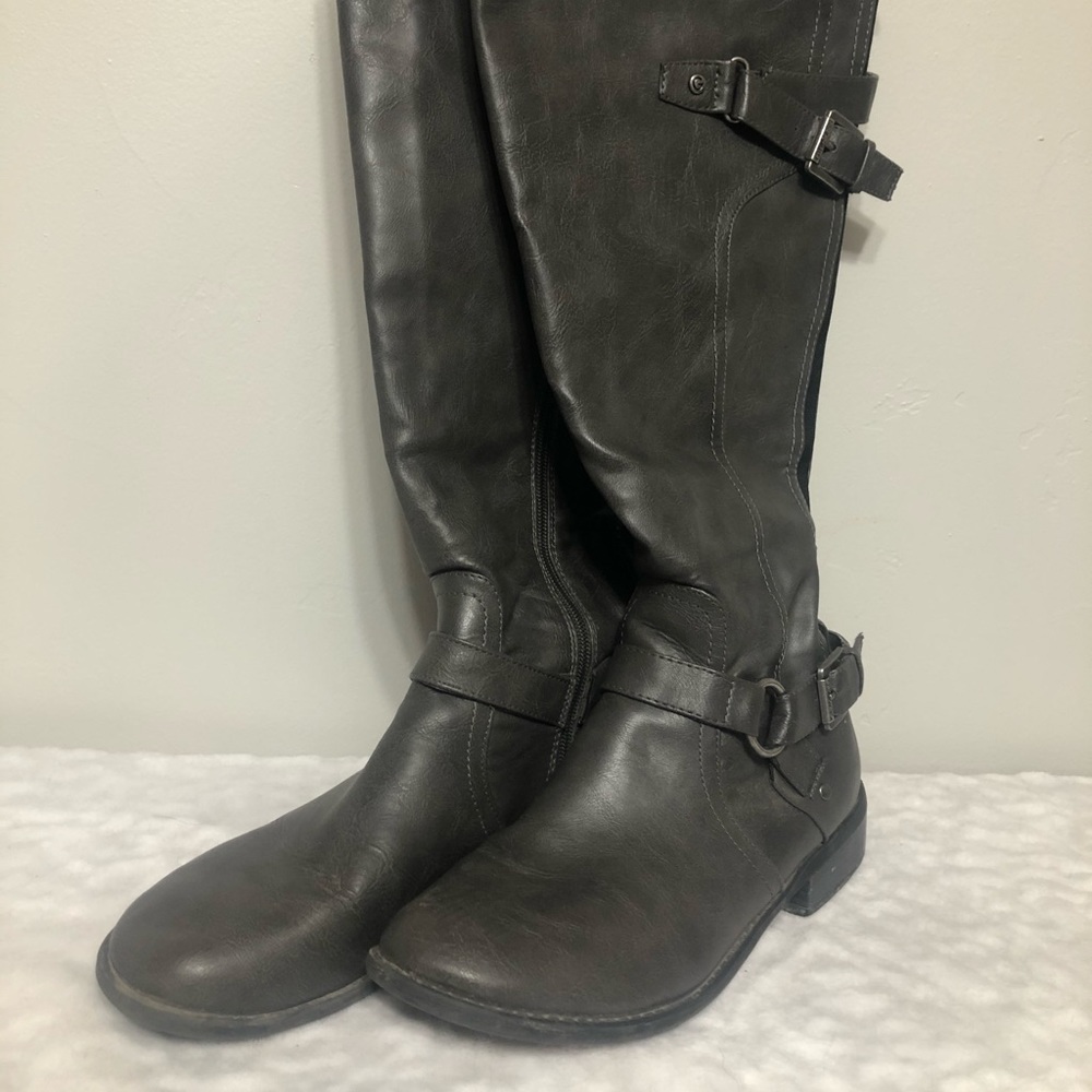 Dark grey below the knee boots
